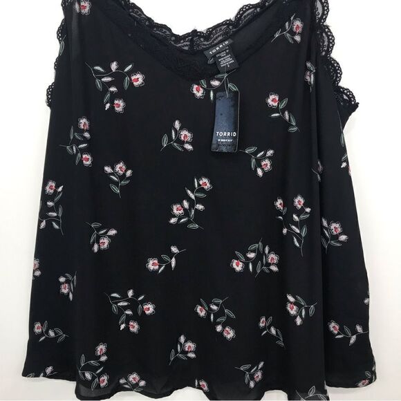 Torrid Black Floral Print Georgette Flowy Lace Trim Cami Tank Top - Picture 5 of 16